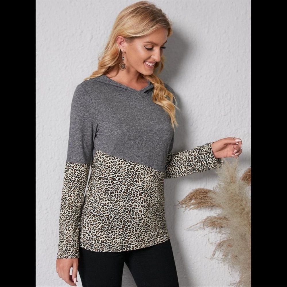 Gray & Leopard Print Hoodie